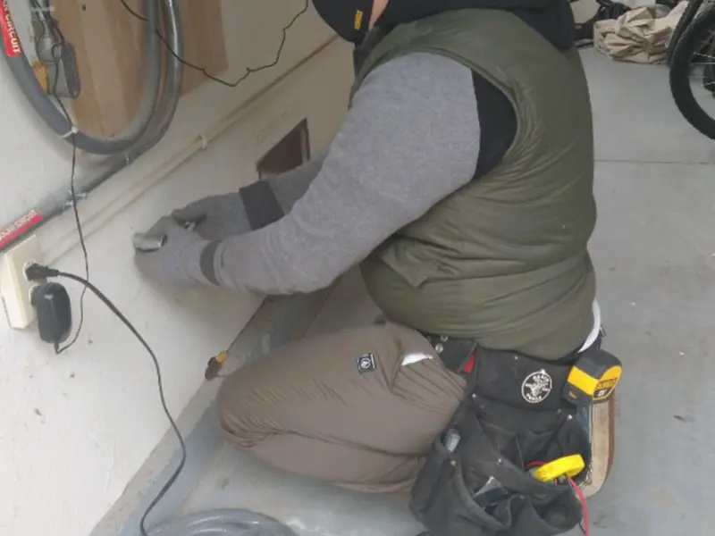 Electrician performing outlet wiring in a Fort Dodge garage